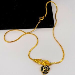 Vintage Black Rose Enamel Floral Spring Fairy Cottage Whimsical Goth Necklace